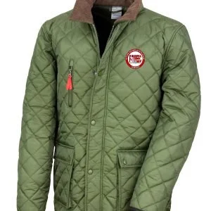 Green quilted jacket with a brown collar and a circular logo patch on the chest that says 'Extreme.'