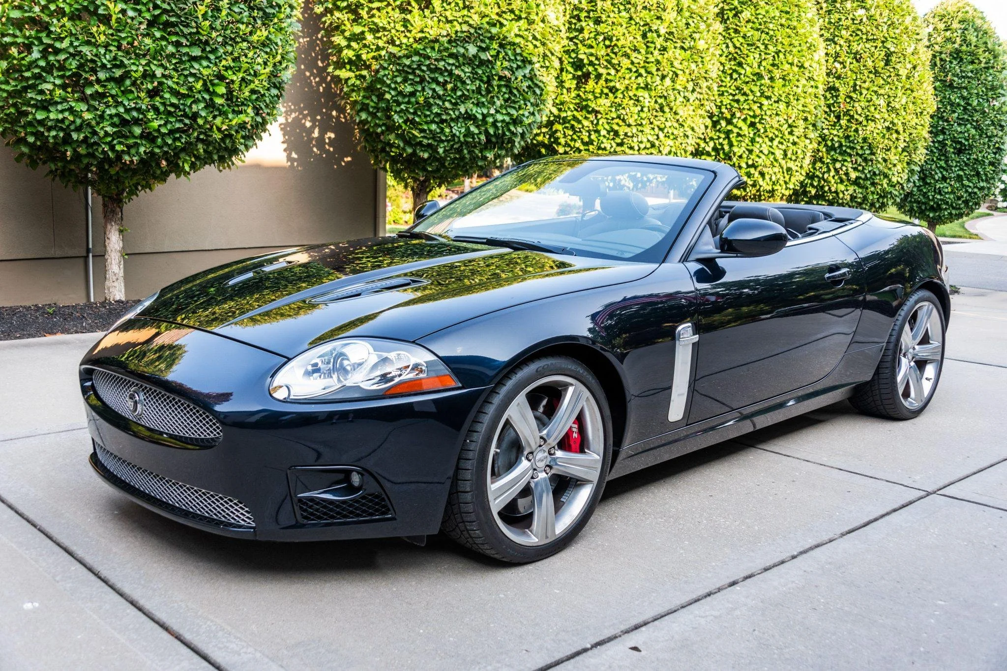A black convertible sports car parked on a concrete driveway in front of a beige wall with green bushes and trees in the background.