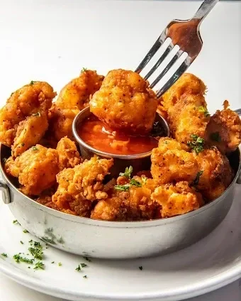 Fried chicken pieces served with a dipping sauce on a white plate.