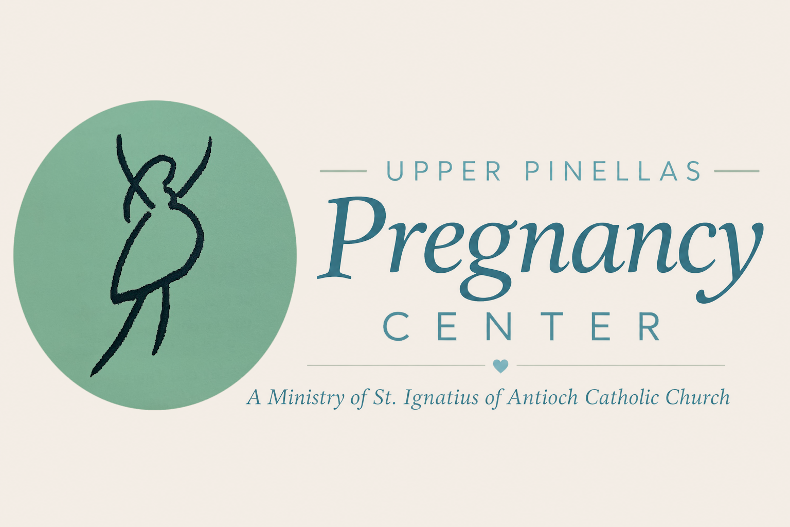 Logo for Upper Pinellas Pregnancy Center, a ministry of St. Ignatius of Antioch Catholic Church, featuring a stylized outline of a pregnant woman within a green circle and text indicating the organization and its affiliation.