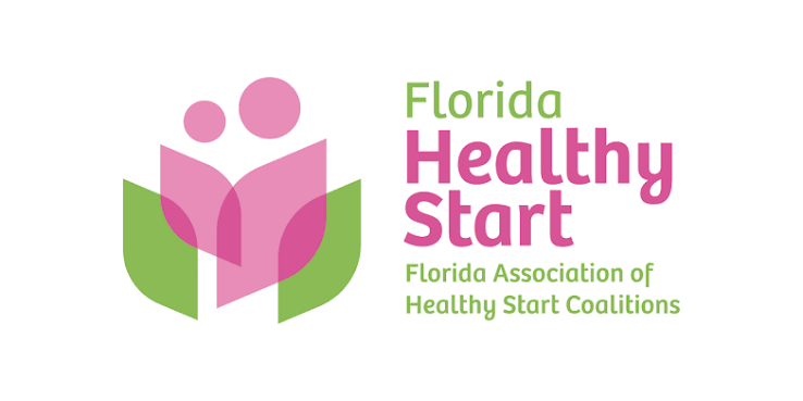 Logo for Florida Healthy Start, featuring stylized pink and green figures and text.