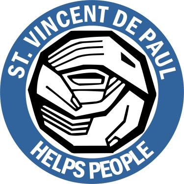 Logo for St. Vincent de Paul with a stylized image of a hand holding a stack of papers, surrounded by the text 'ST. VINCENT DE PAUL HELPS PEOPLE'.
