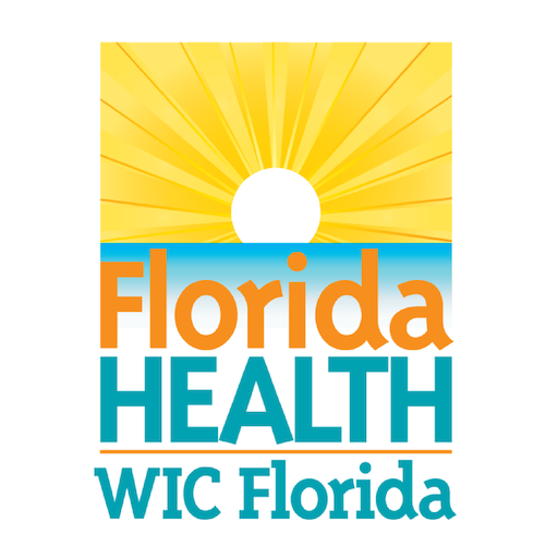 Logo for Florida Health and WIC Florida featuring a sun with rays and a white circle, with the text 'Florida HEALTH' in orange and blue, and 'WIC Florida' below.