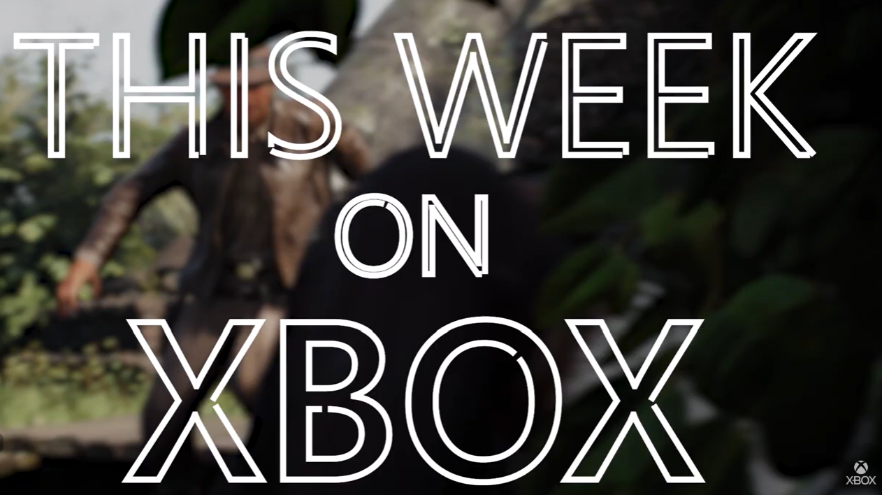 A blurred background with someone outdoors among plants and rocks, with overlaid text that says "This week on Xbox".