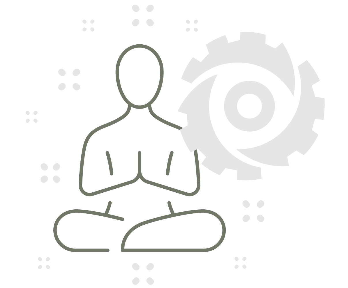 A stylized illustration of a person sitting cross-legged with folded arms, next to a large gear symbol, surrounded by small decorative dots and lines.