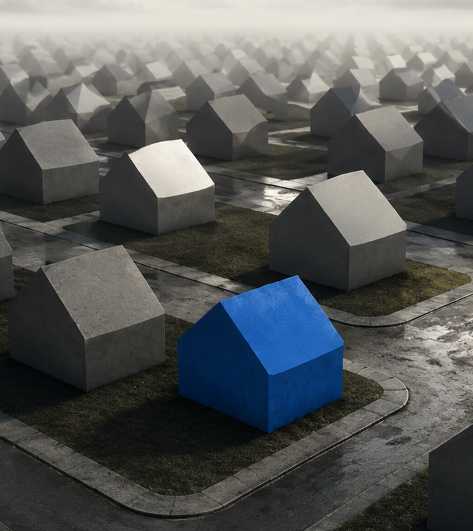 A city block with numerous small, geometric house models; one house painted blue, standing out in the foreground.