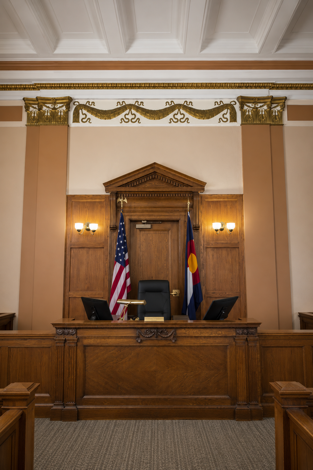Judicial chamber with wooden judge's bench, two monitors, and two flags, American and Colorado, behind the bench. Ornate gold accents and classical architectural details.