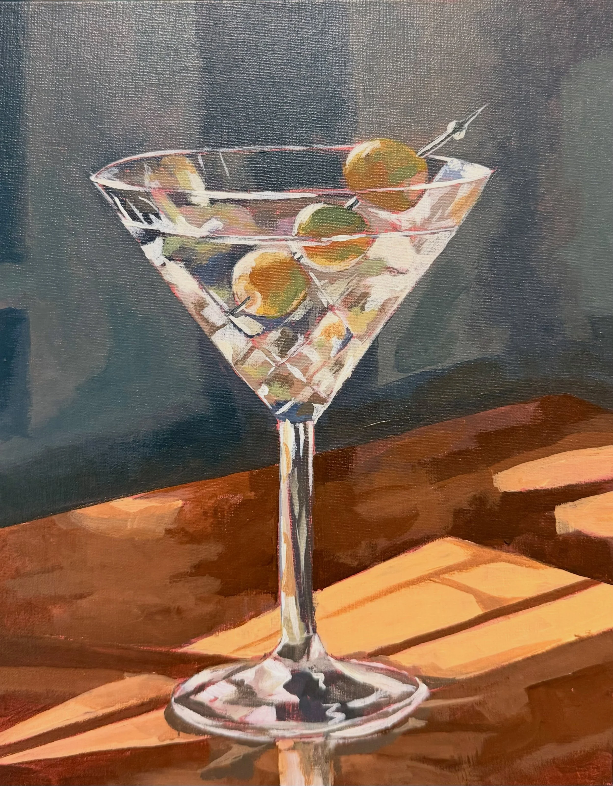 &ldquo;Yes Please&rdquo; to a martini with stuffed olives and &ldquo;Happy Hour&rdquo; for an Old Fashioned to add some decor to a pretty home bar. #cocktailcommissions #cocktailart #martiniart. @jane.golz.art
