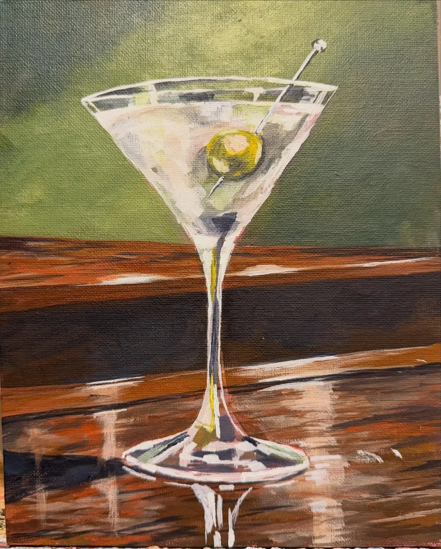 &ldquo;Tennessee Chill&rdquo; 8x 10 Acrylic. Sold.  #martinipainting #stuffedolive #cocktailart
