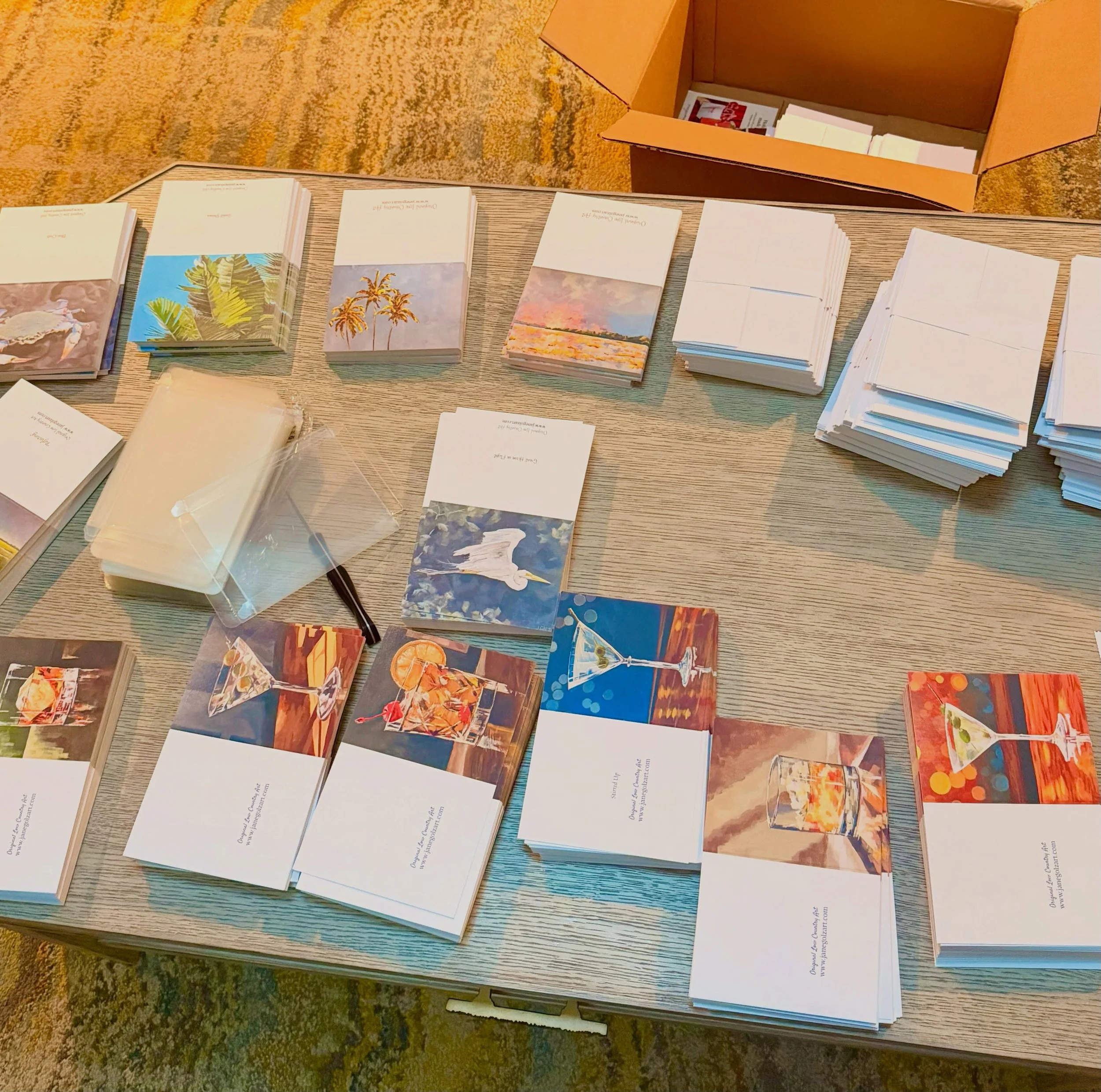Where are Lucy and Ethel for the assembly line work?! Or-how many hours will it take to fold and package 720 greeting cards?New card packs available soon! #lowcountryart #cocktailart #busywork