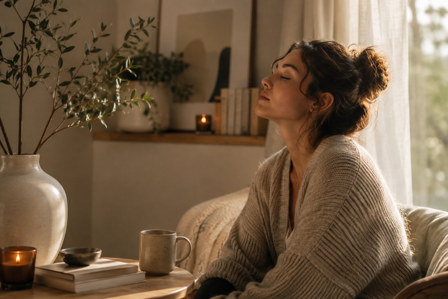 A woman with curly hair sitting in a cozy, sunlit living room, with her eyes closed and a peaceful expression, next to a table with a cup, books, and candles.