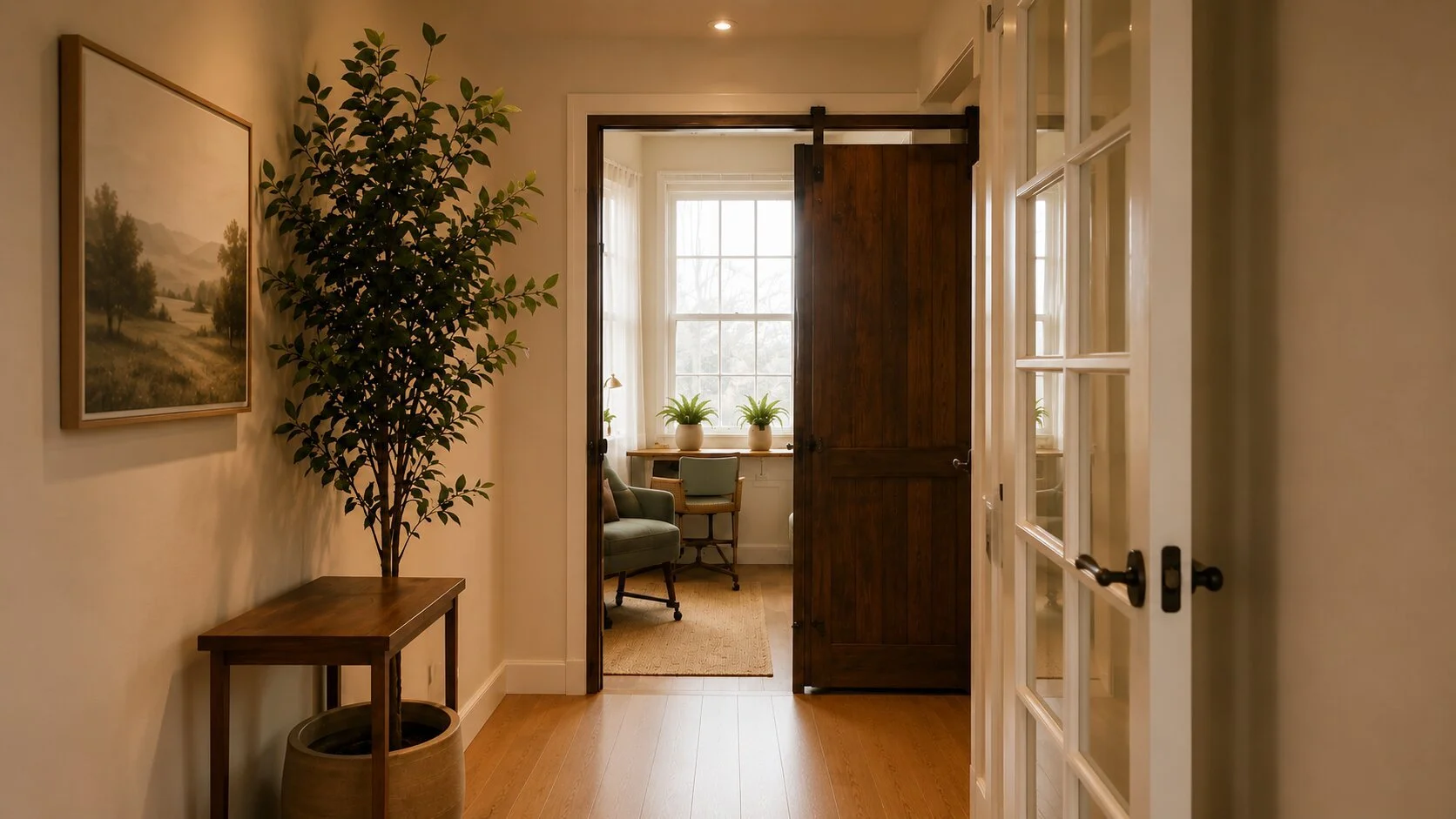 Interior view of a cozy room with a hallway leading to a home office space. The hallway has a framed landscape photo on the left wall, a potted plant on a small table, and hardwood floors. The office space in the background features a large window with sheer curtains, a potted plant on the windowsill, a green armchair, and a wooden desk with another potted plant.