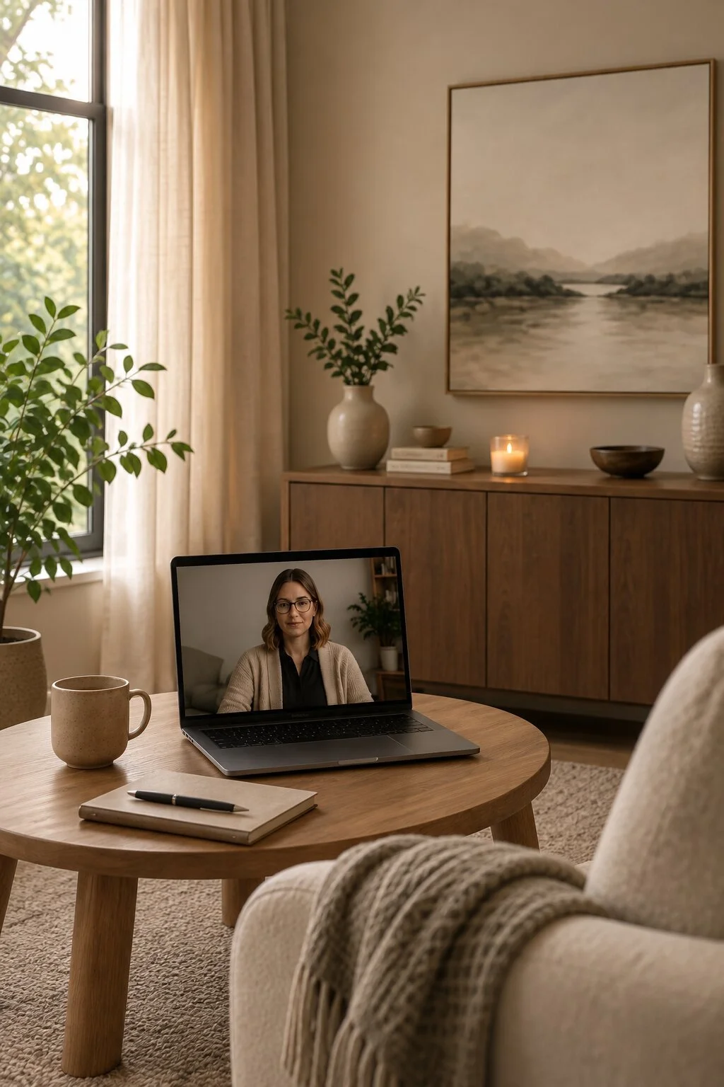 A woman on a video call on a laptop placed on a wooden coffee table in a cozy living room with a beige armchair, a potted plant, a mug, a notebook, and a placemat. The background features a sideboard with vases, books, candles, and a landscape painting. Sunlight filters through a window with beige curtains.