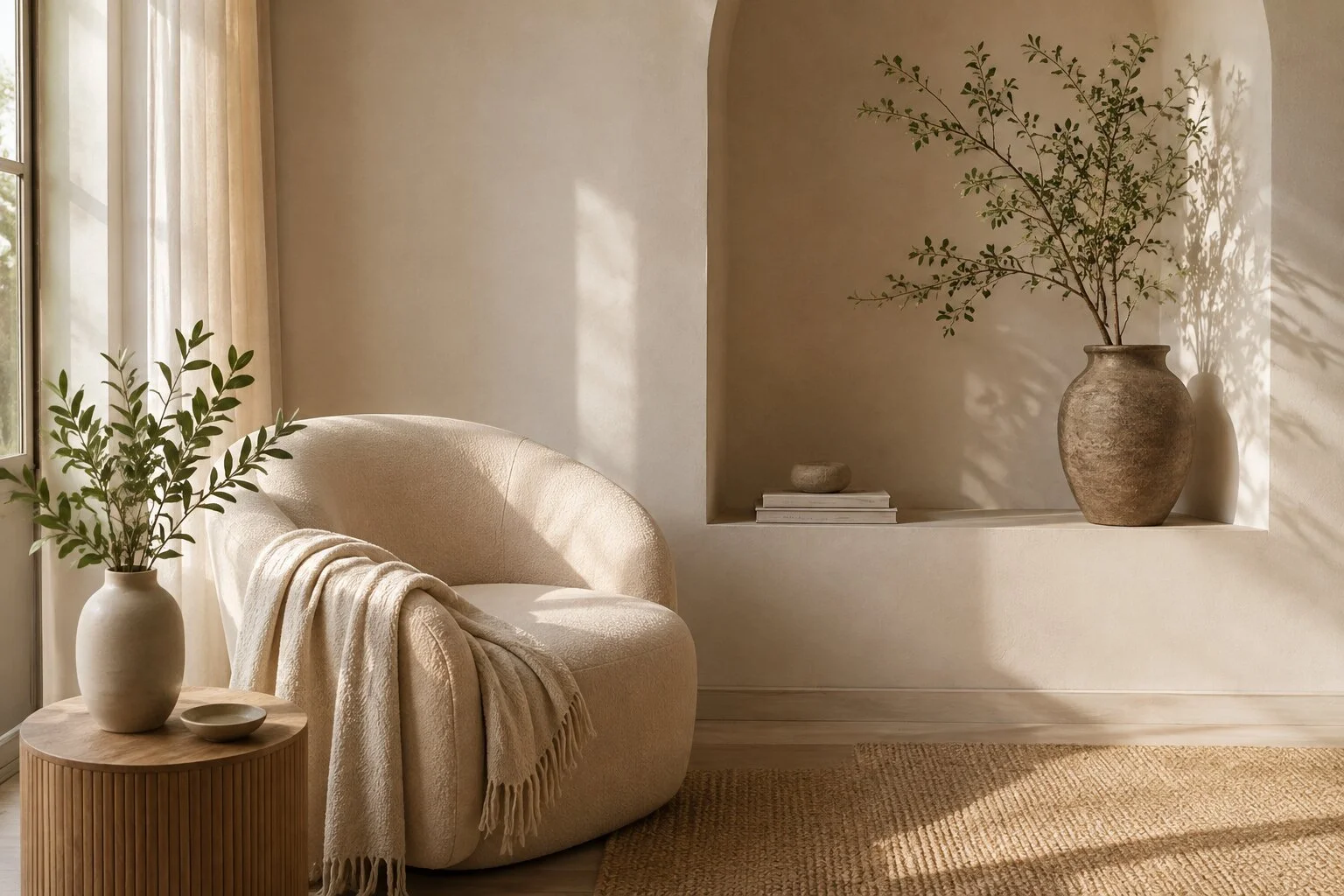 Minimalist living room with a cream-colored rounded armchair, beige curtains, a wooden side table with a vase and bowl, and a large clay pot with a leafy branch, bathed in natural sunlight.