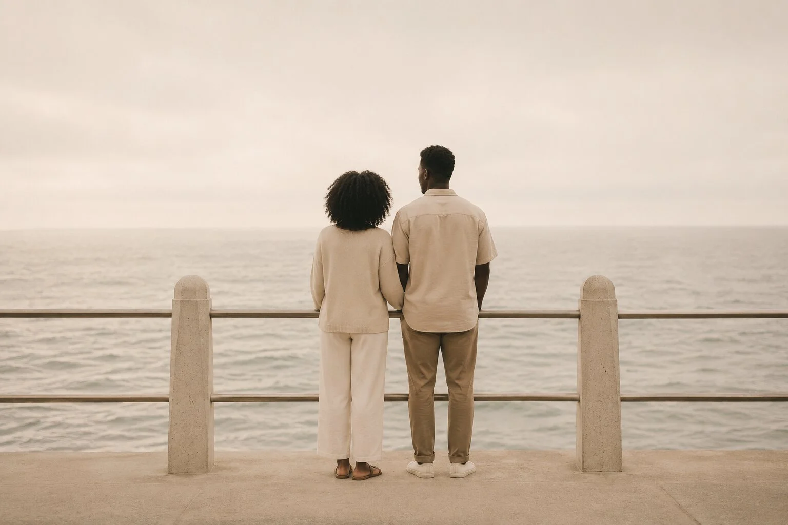 A couple stands close together looking out at the ocean from a pier, with their back to the camera.