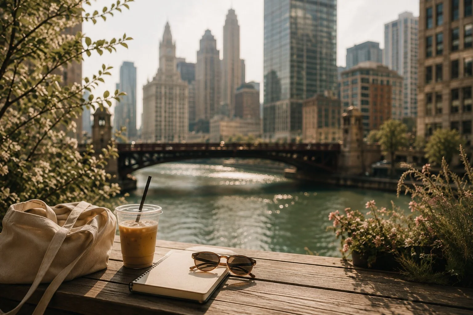 A wooden table with a bag, iced coffee, sunglasses, a notebook, and a pen, set outdoors overlooking a river and city skyline with tall buildings and a bridge.