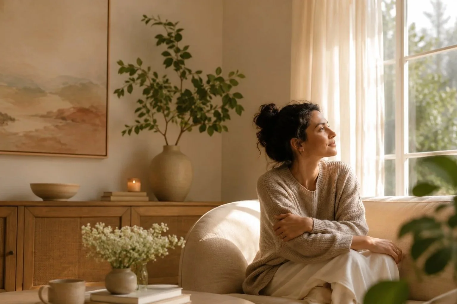 A woman sitting on a beige sofa by a window, looking outside with a smile, in a warmly lit room with plants, books, and artwork.