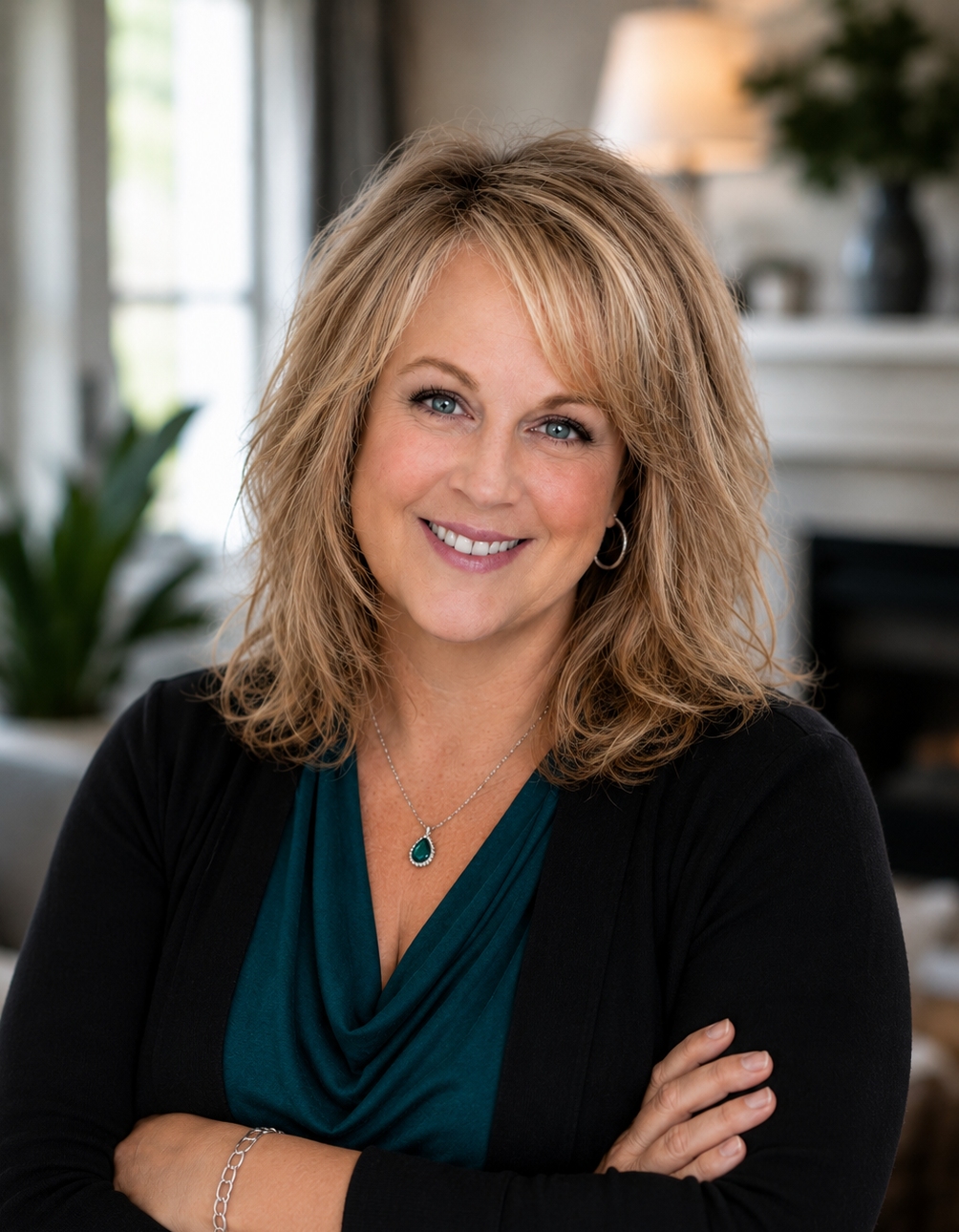 A woman with shoulder-length blonde hair smiling, wearing a teal top with a black cardigan, silver jewelry, in a cozy well-lit living room.