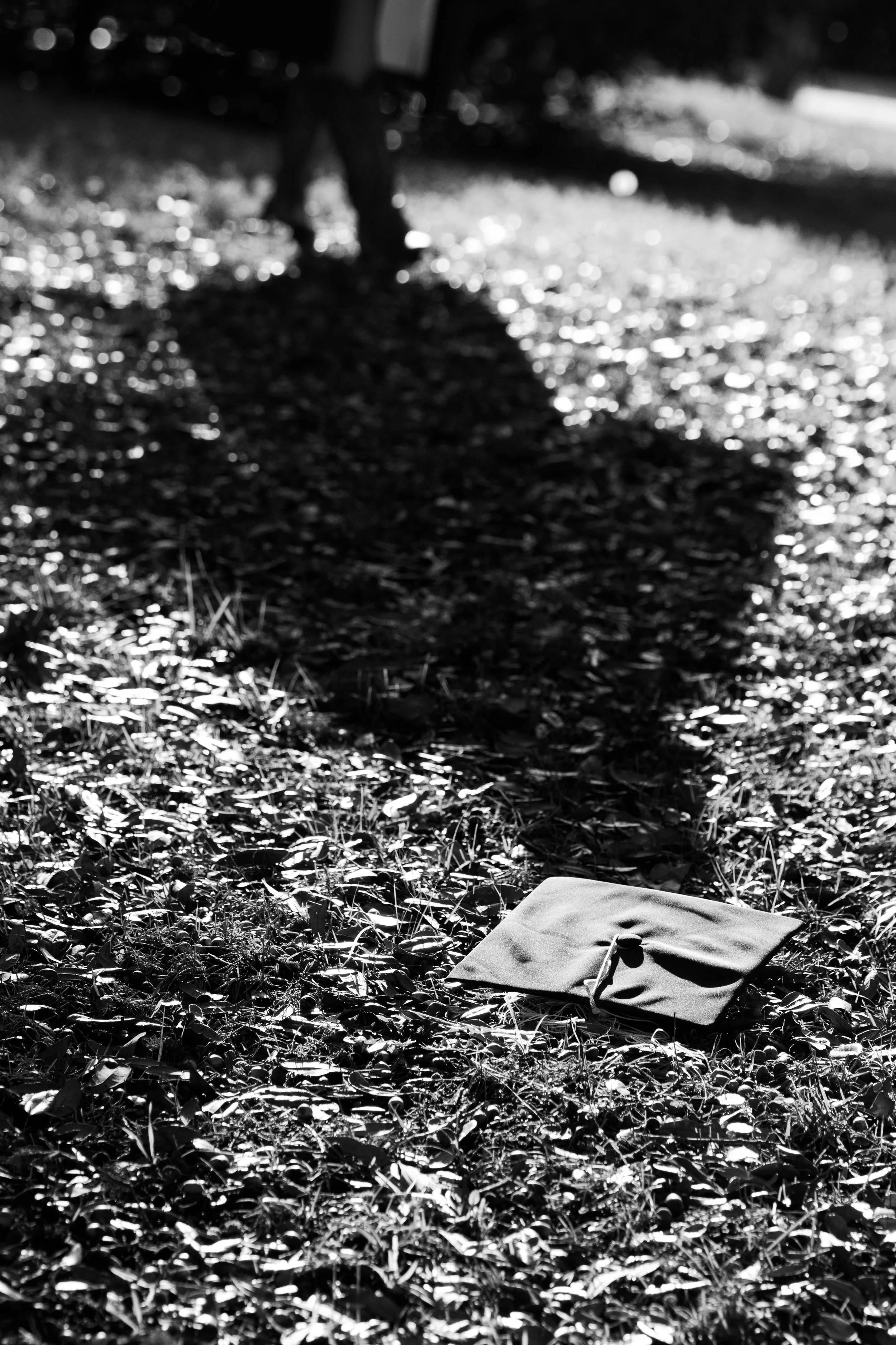 Black and white photo of a graduation cap lying on ground with fallen leaves, with a person's legs and shoes in the background