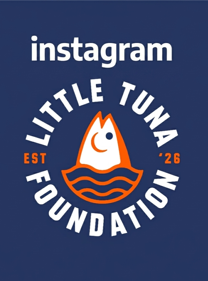 Logo for Little Tuna Foundation with a smiling tuna fish illustration, waves, and text in white and orange on a dark blue background.