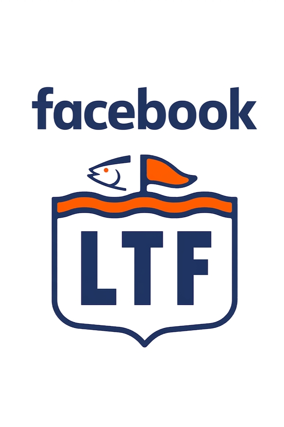 Facebook logo above a shield emblem with a waving flag, a fish, and the letters "LTF" in navy blue.