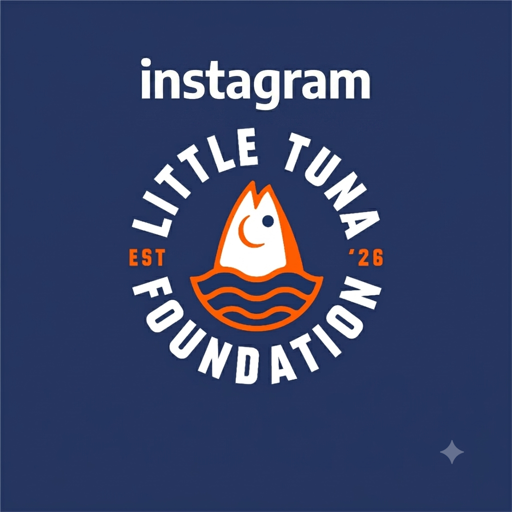Logo for Little Tuna Foundation with a stylized fish above waves, established in 2026, on a navy background.