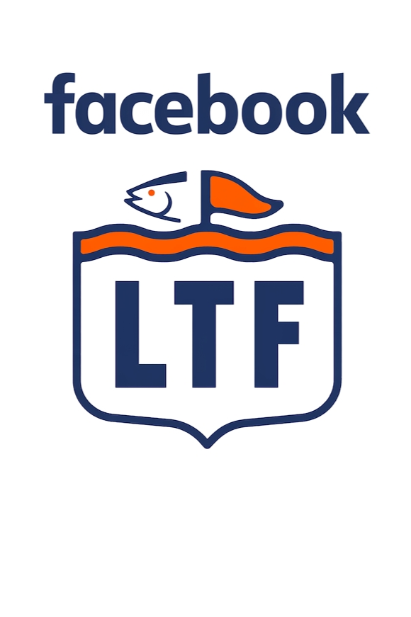 Facebook logo above a badge with a fish, orange flag, and the letters "LTF" in blue.