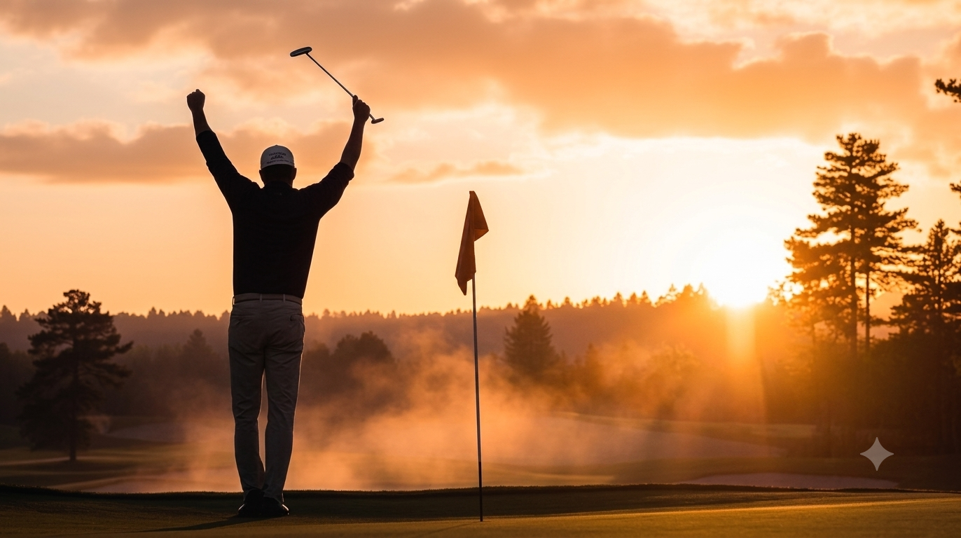 A golfer in silhouette with arms raised, celebrating on a golf course at sunset with a flagstick in the ground and trees in the background