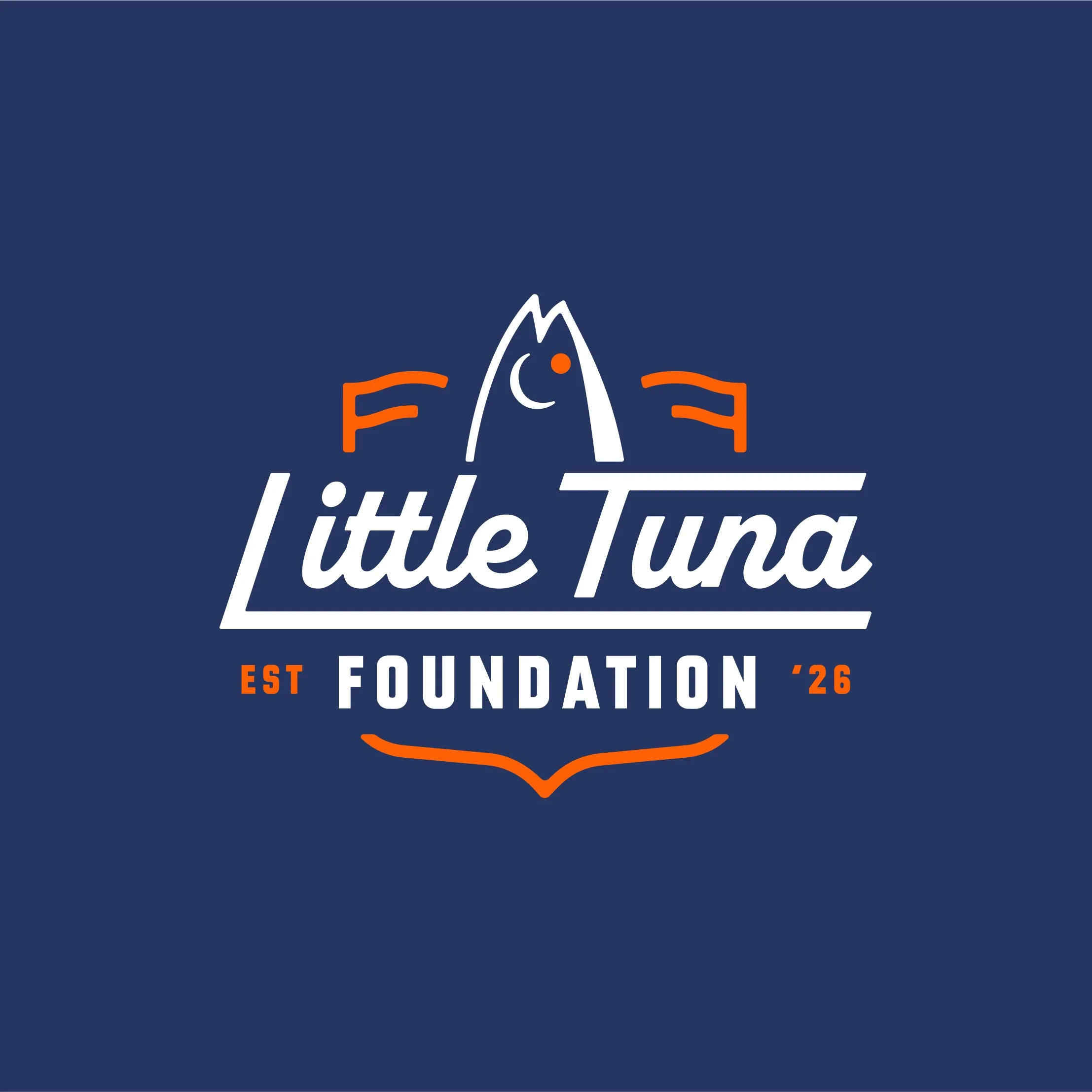 Logo for Little Tuna Foundation with a stylized tuna fish graphic, navy blue, orange, and white colors, and text reading 'Little Tuna Foundation'.