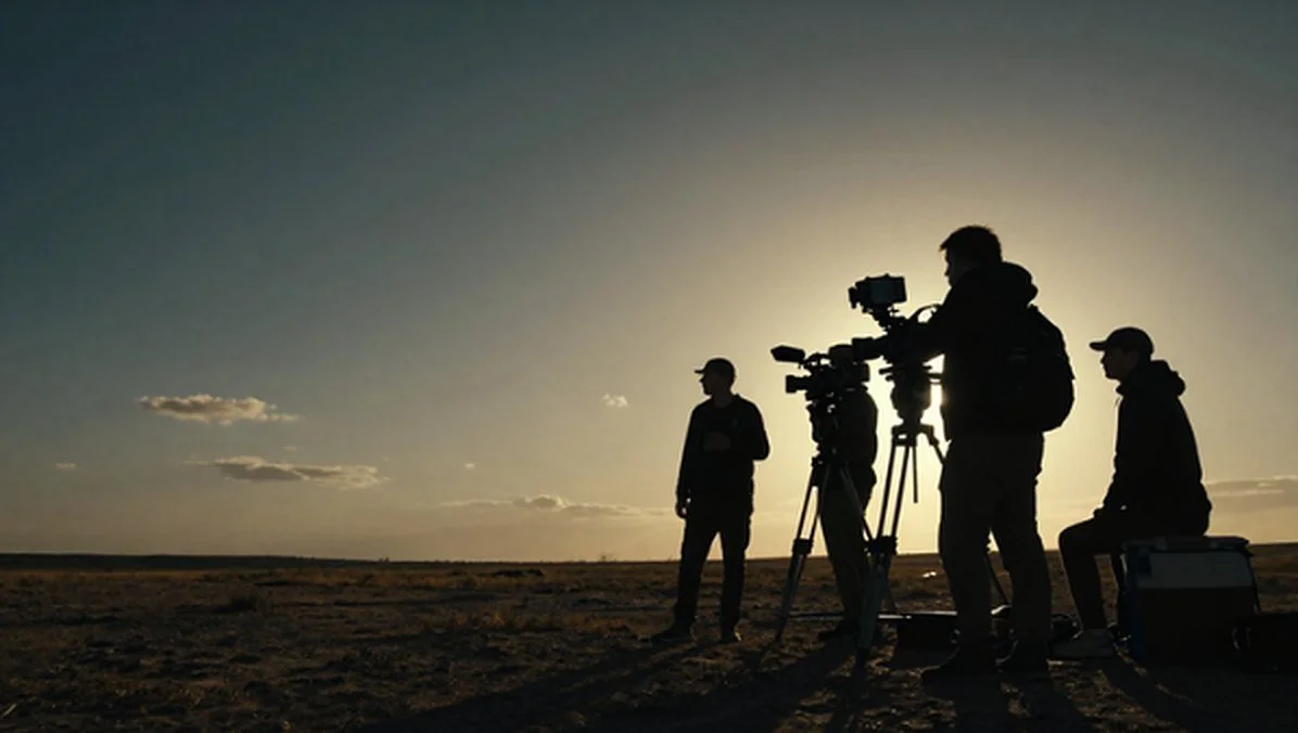 Silhouetted film crew with cameras at sunset