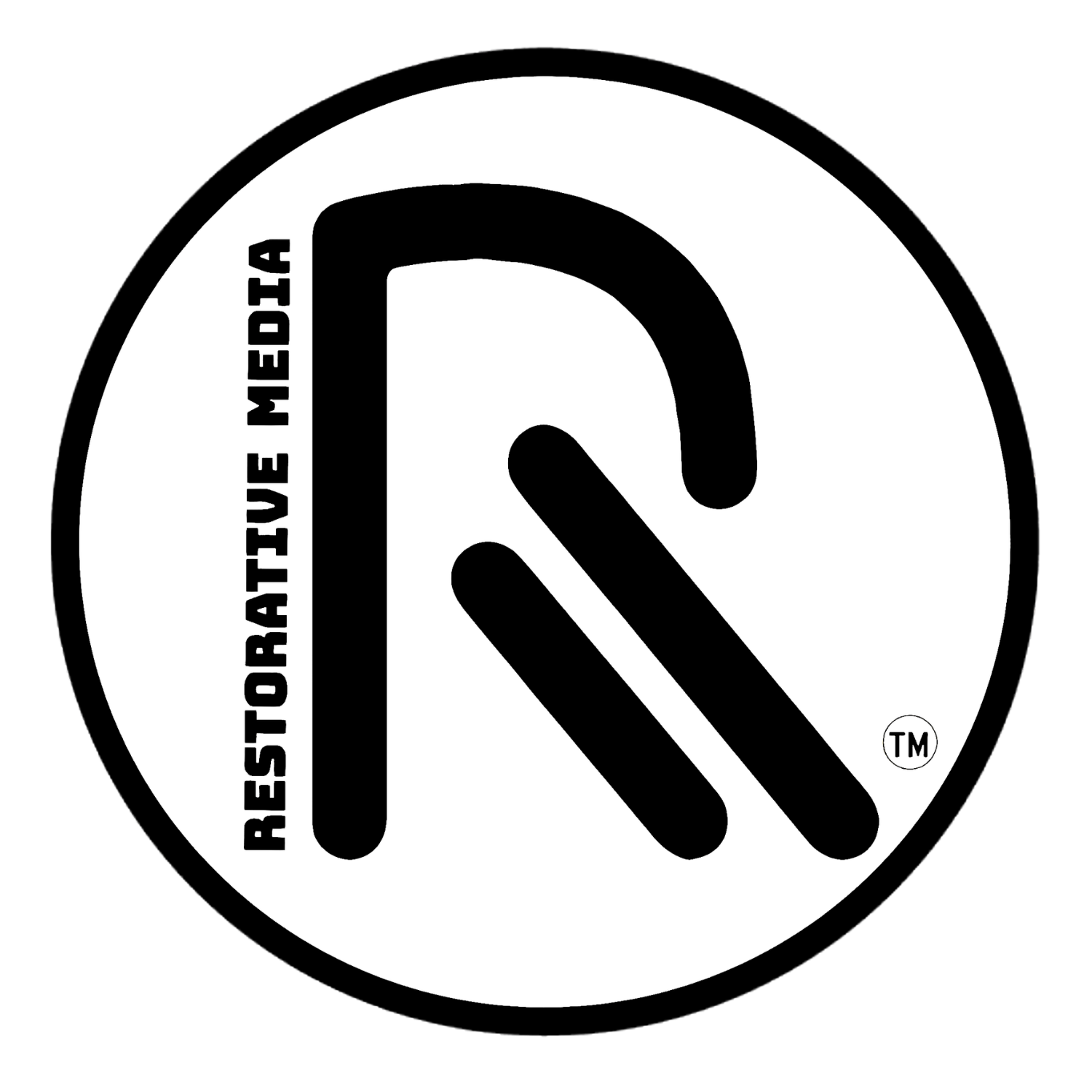 A black and white circular logo with a large 'R' in the center. 
