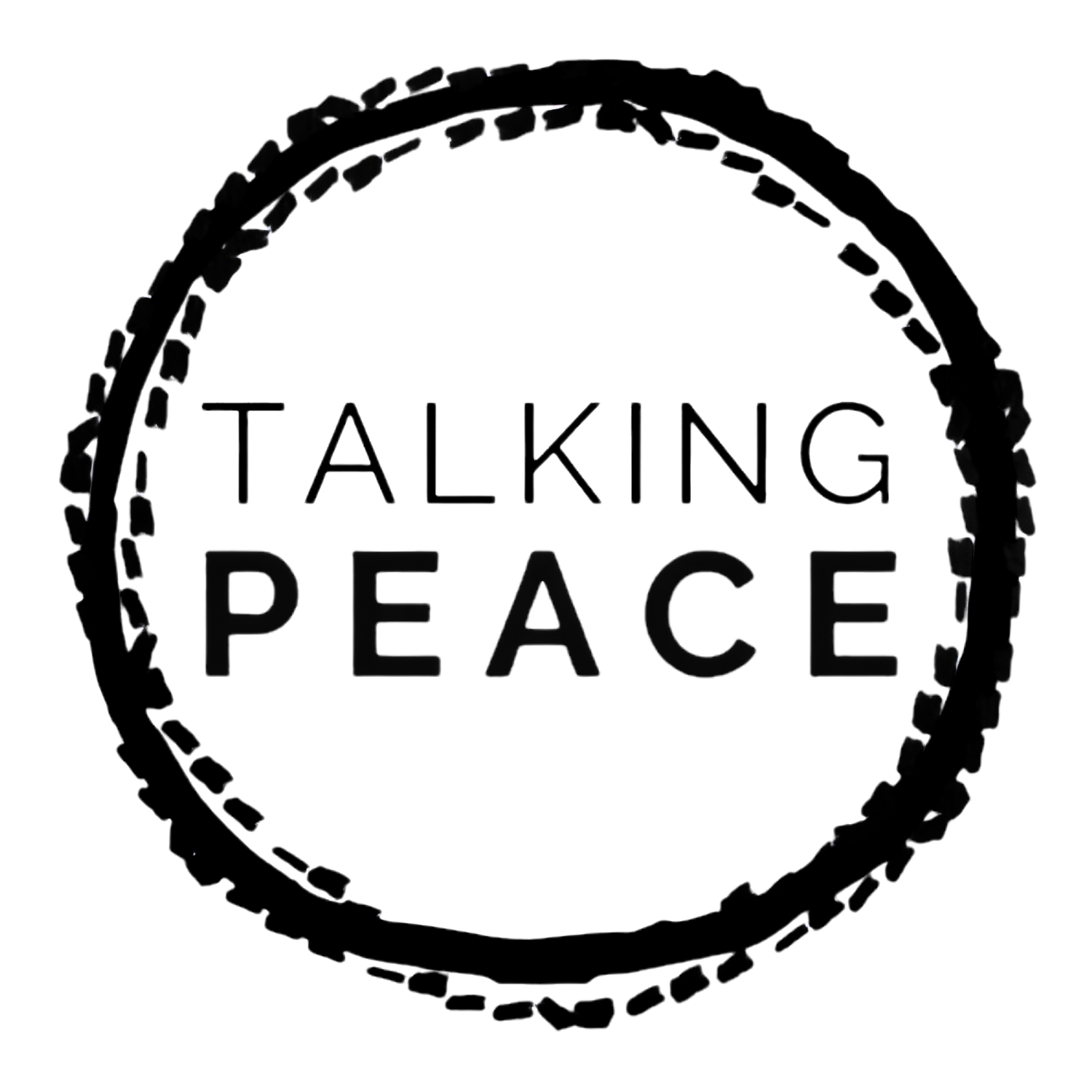 A logo for 'Talking Peace' featuring a circular black border with a chain-like design, and the words 'TALKING PEACE' in black with a grey background.