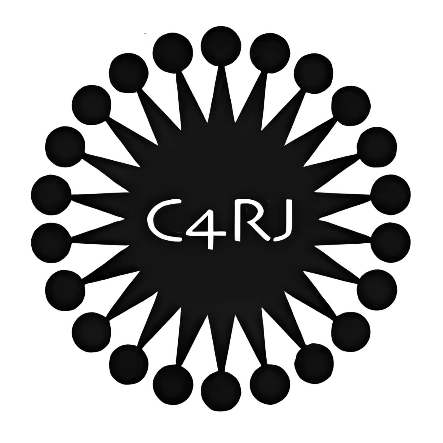Black circular pin with a starburst pattern of notches and dots, with the text "C4RJ" cut out in the center.