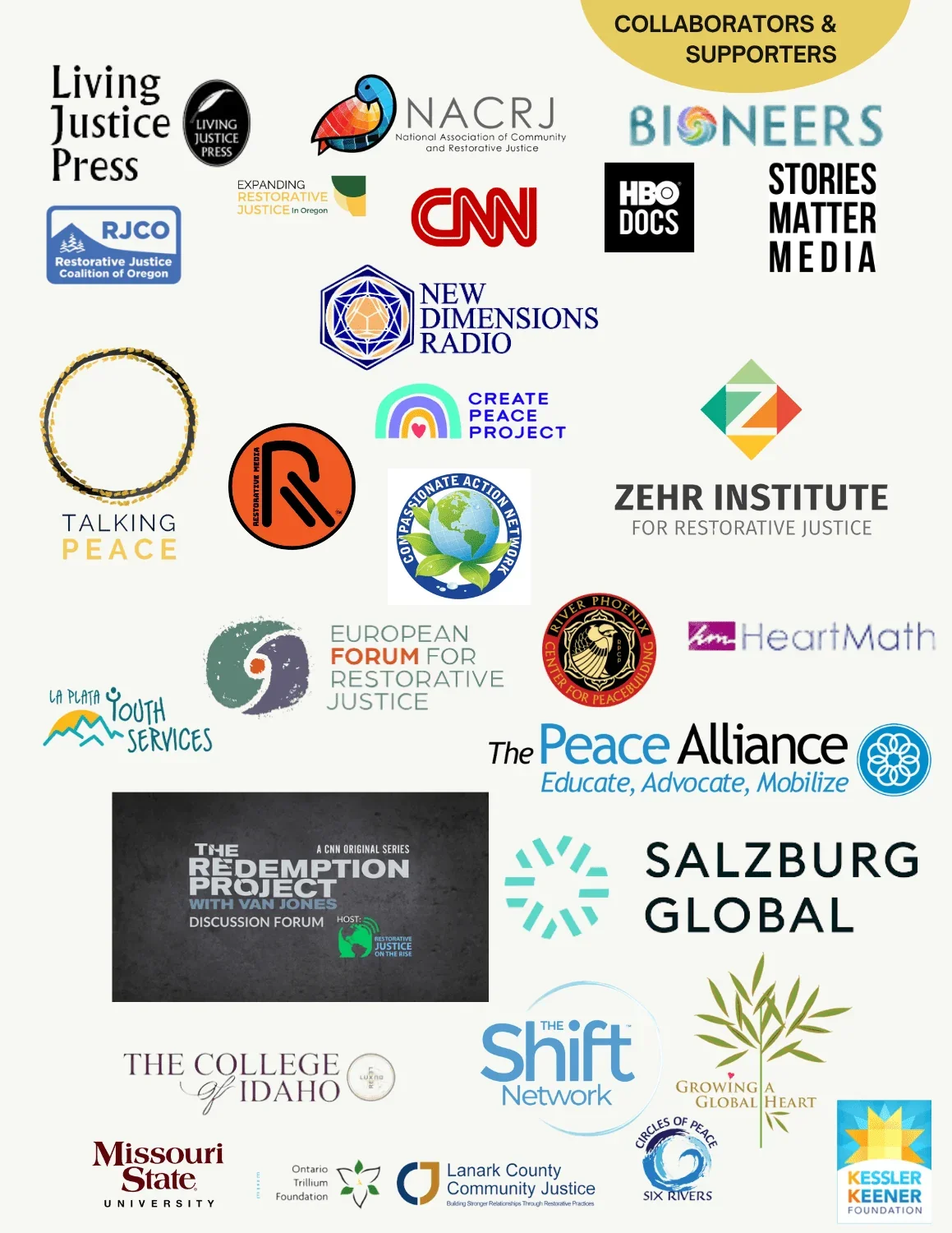A collage of logos for various organizations and projects related to restorative justice, peace, and community support, including Living Justice Press, NACRJ, CNN, HBO Docs,  Stories Matter Media, Restorative Justice Coalition of Oregon, Create Peace Project, Zehr Institute, and others.