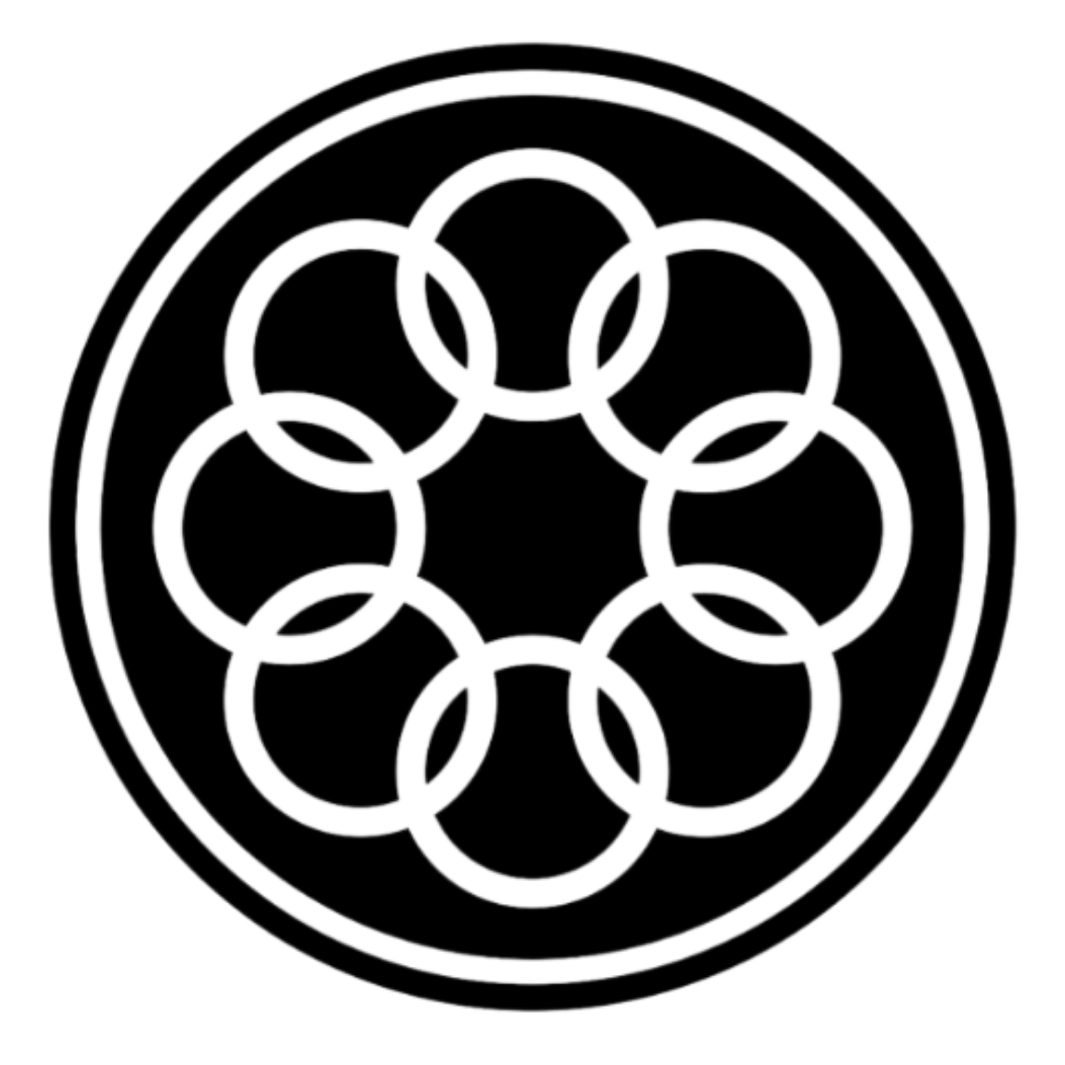 A black and white circular design resembling a stylized flower or geometric pattern, composed of interconnected lines and shapes.