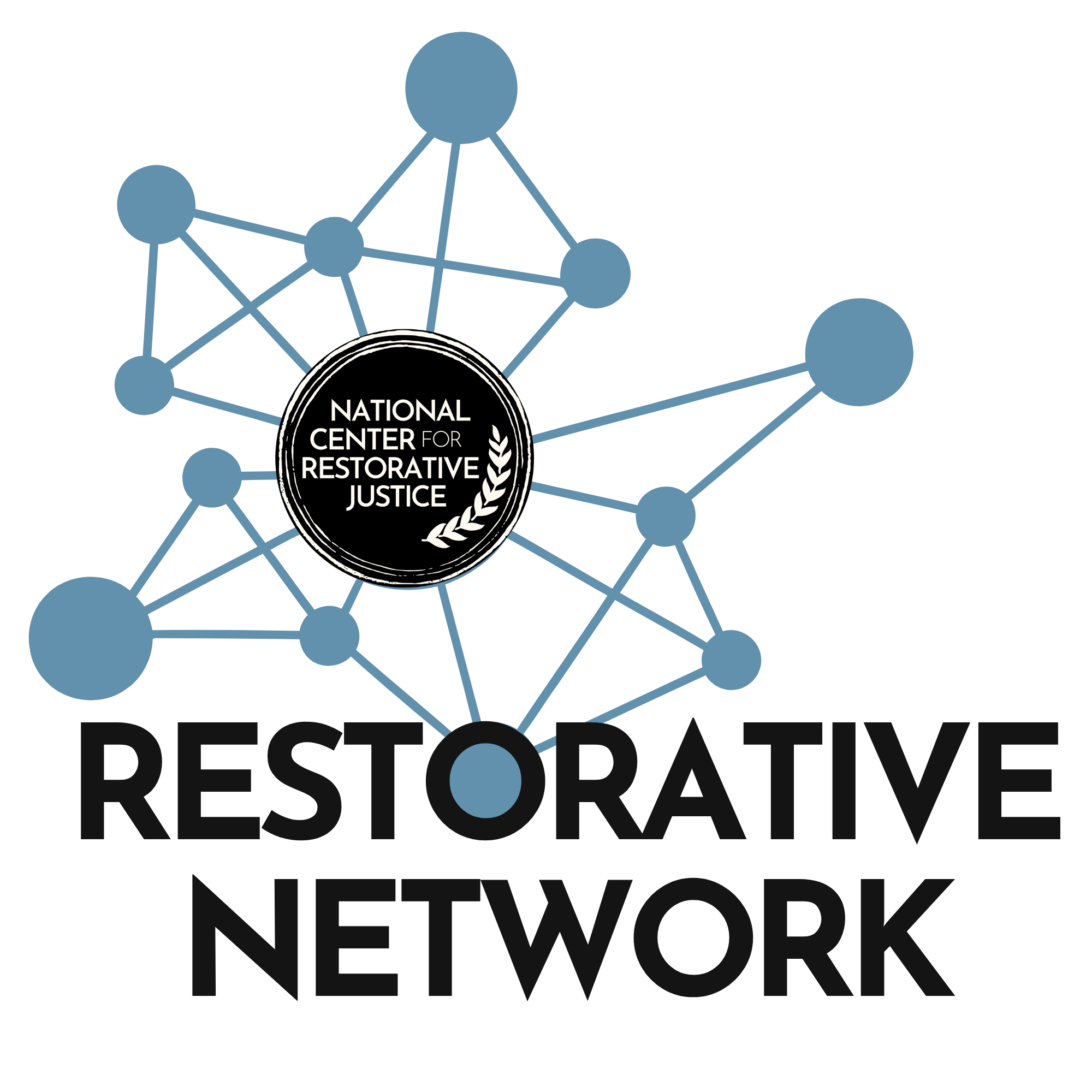 Network diagram with the logo of the National Center for Restorative Justice surrounded by interconnected nodes, leading to the words 'Restorative Justice Network' at the bottom.