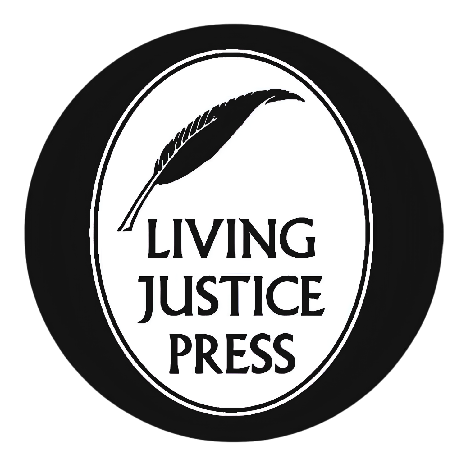 Black and white logo of the Living Justice Press, featuring a quill pen at the top and the organization's name inside an oval border.