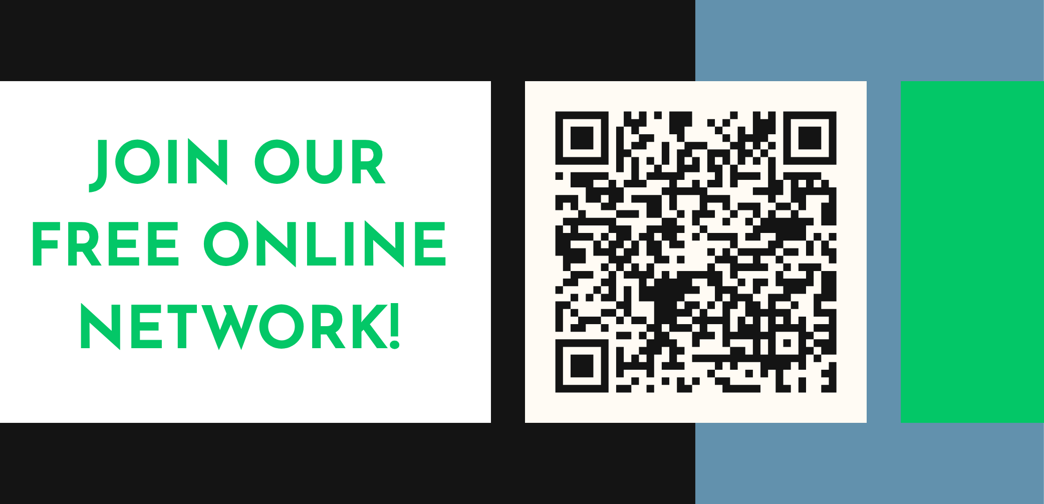 Digital graphic with the text 'Join our free online network!' next to a QR code, set on a background with black, blue, green, and white sections.