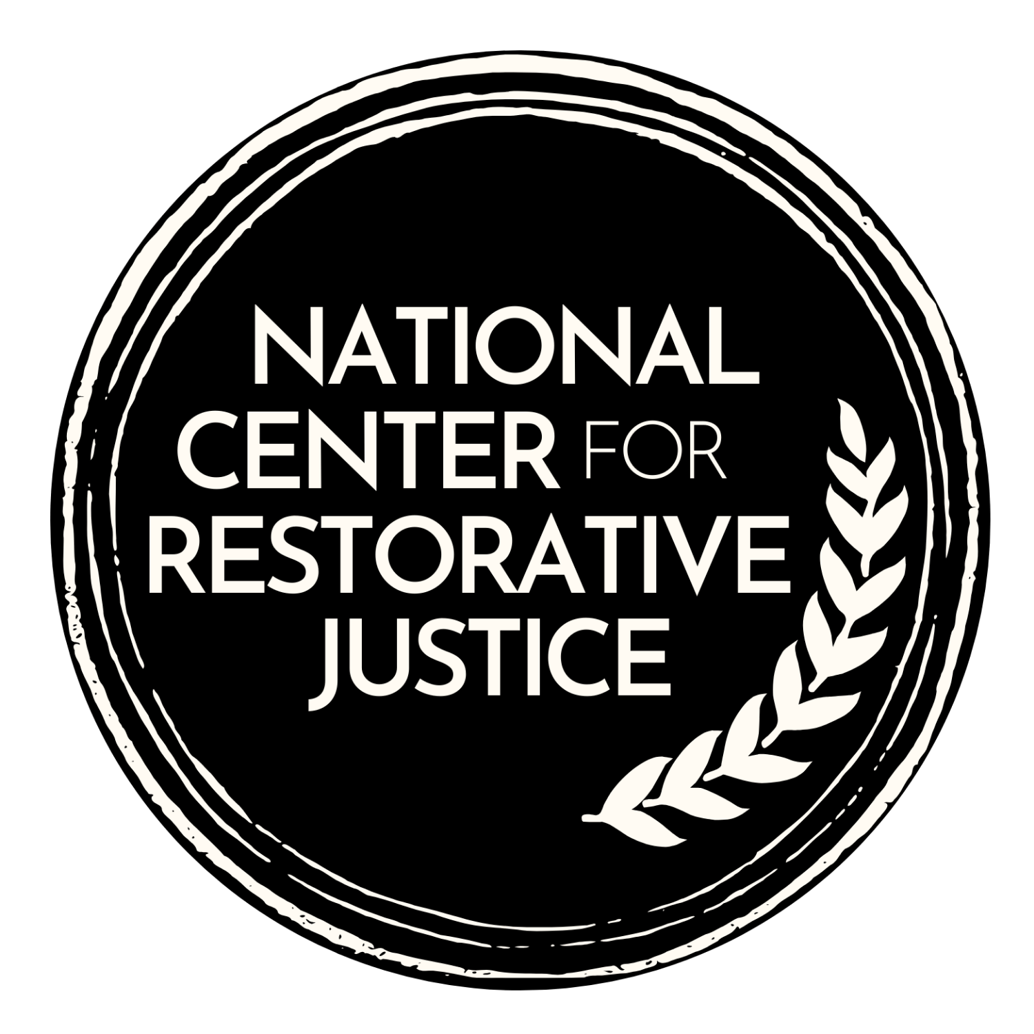 Black circular logo with white text reading 'National Center for Restorative Justice' and a laurel branch on the side.