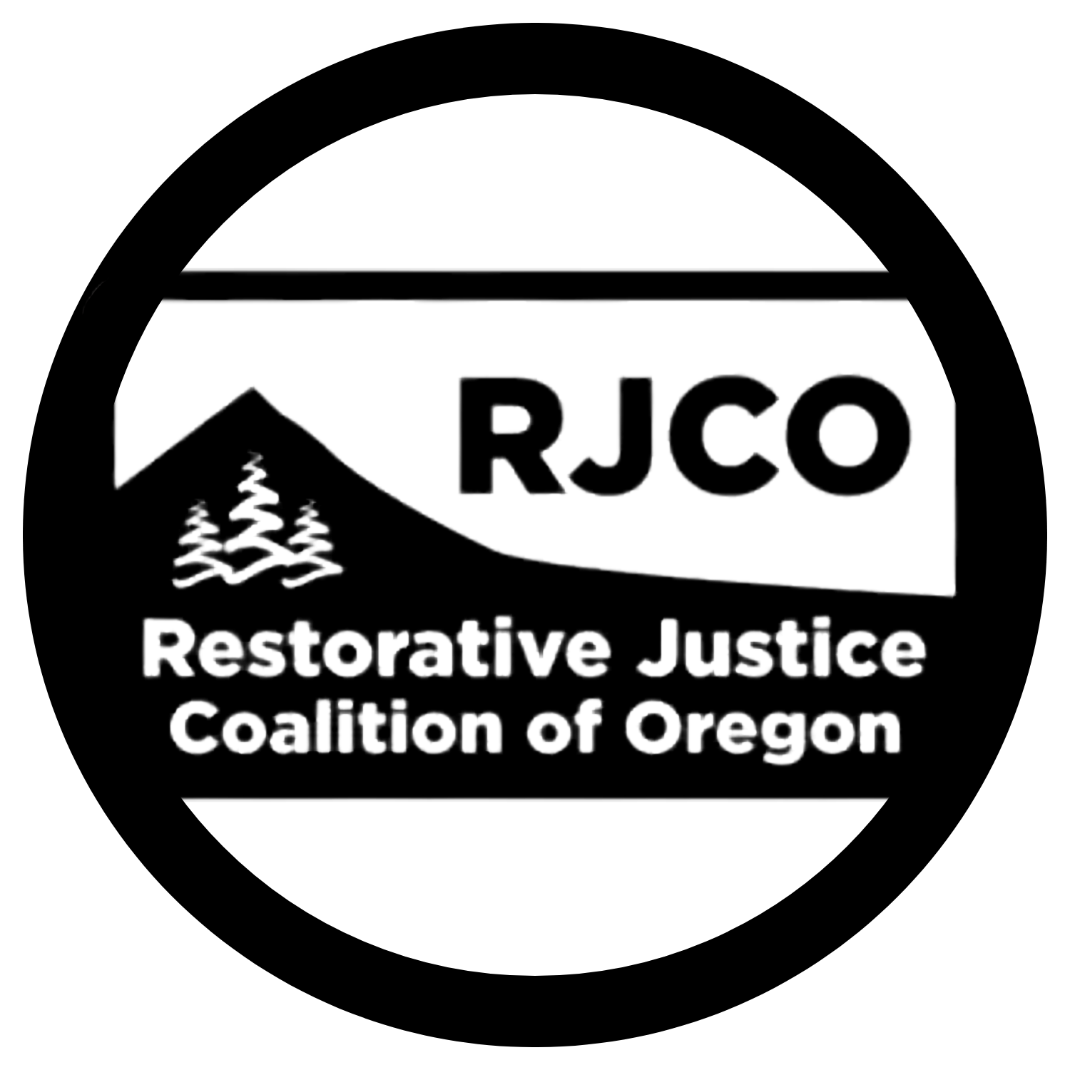 Black circle with the silhouette of a hill inside along with the words "RJCO Restorative Justice Coalition of Oregon". 