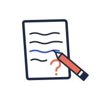 An illustration of a piece of paper with lines of text and a red pencil writing on it, alongside a red question mark.