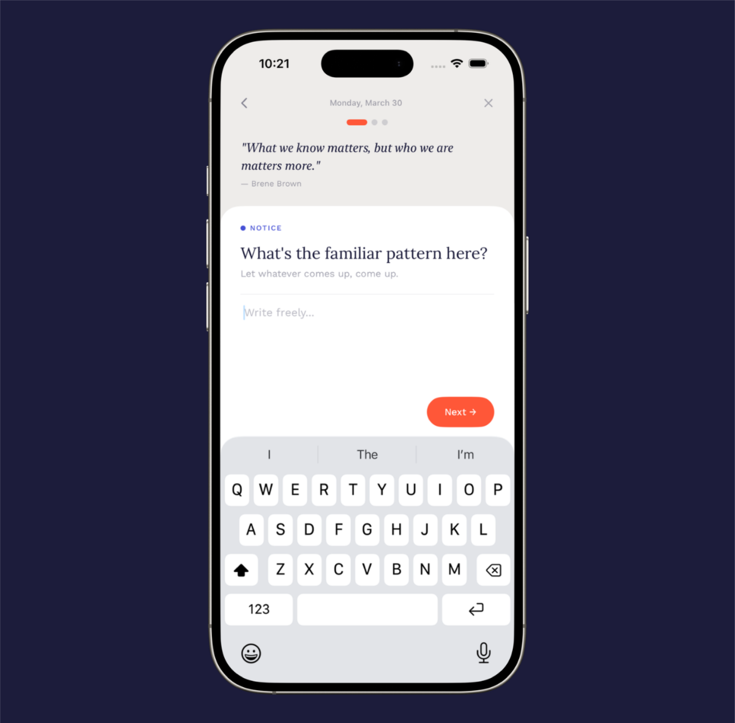 A smartphone screen displaying a messaging app with a quote: 'What we know matters, but who we are matters more.' by Brene Brown, and a keyboard at the bottom.