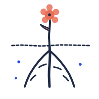 Simple drawing of a flower with a pink blossom and a blue stem, surrounded by small blue dots.