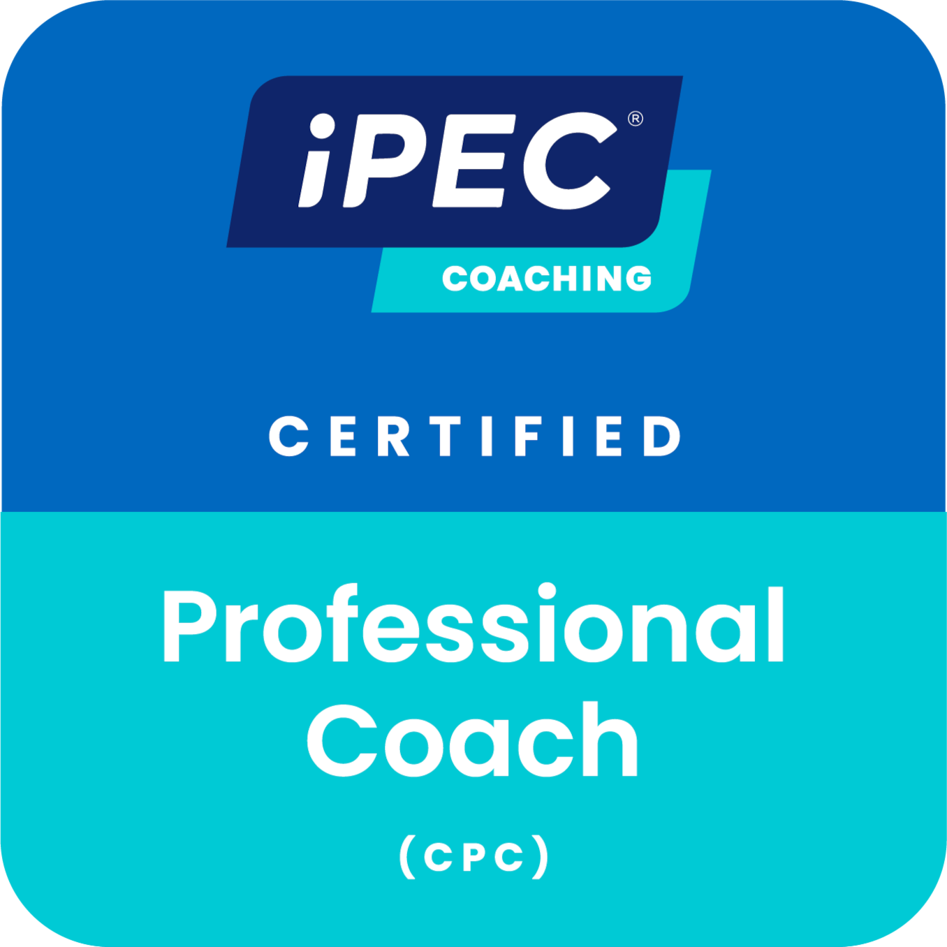 iPEC Coaching Certified Professional Coach badge with blue background and white text.