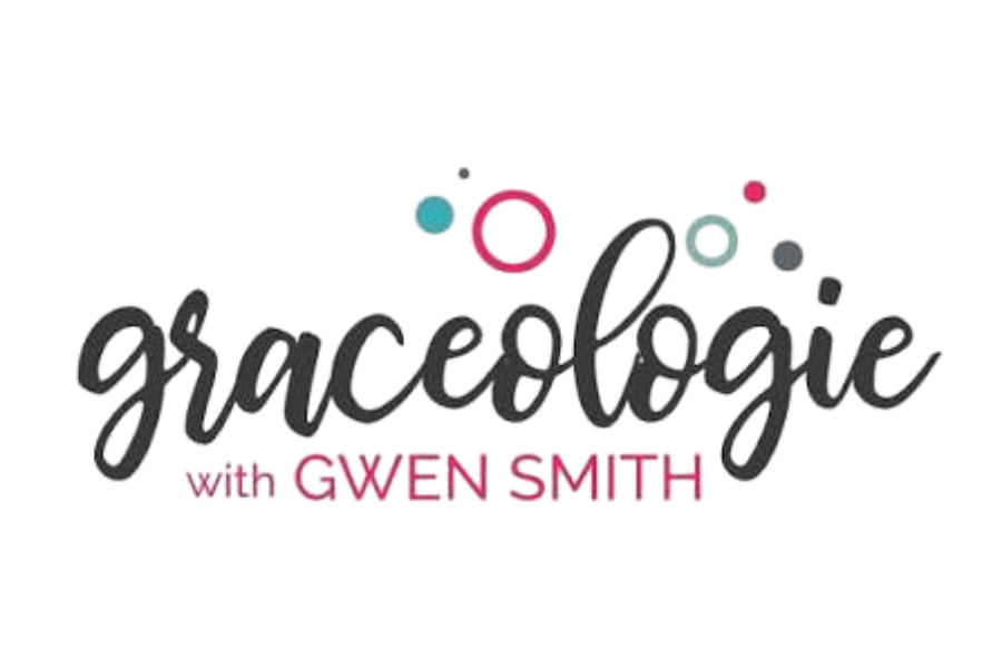 Logo of 'Grocology with Gwen Smith' featuring stylized text and colorful graphic elements resembling bubbles or molecules.