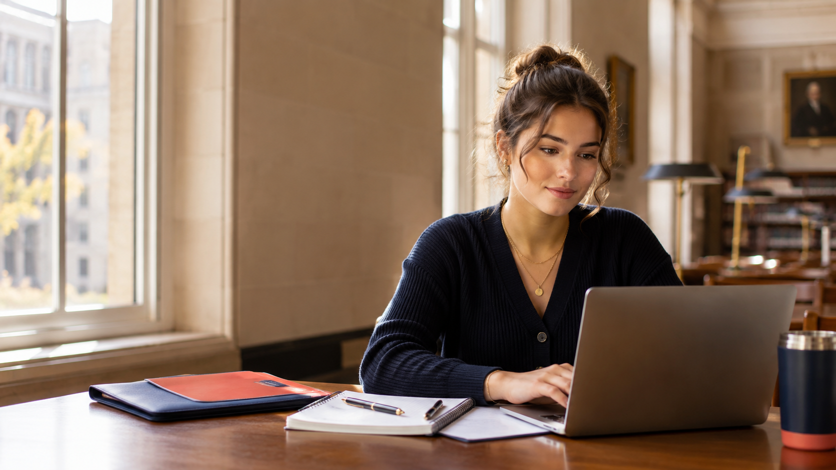 A young woman with dark hair tied up, sitting at a wooden table in a bright room with large windows, working on a laptop. She has a notebook, pen, and folders on the table, and a travel mug nearby.