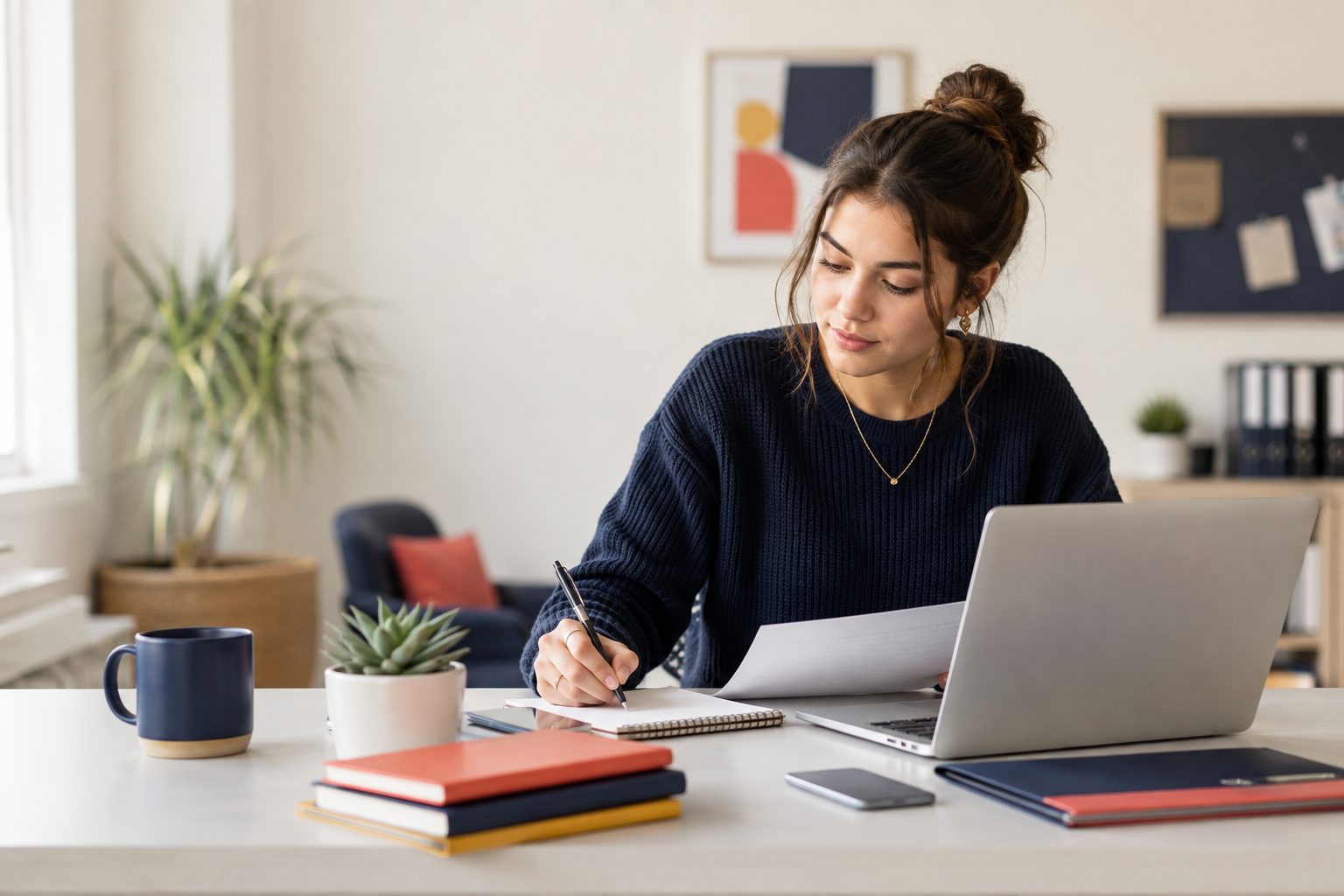 Young woman working at desk with laptop, notebook, books, and mug in a bright, modern office space.