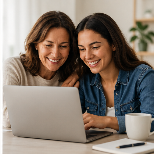 Two women smiling and looking at a laptop screen in a cozy home setting.
