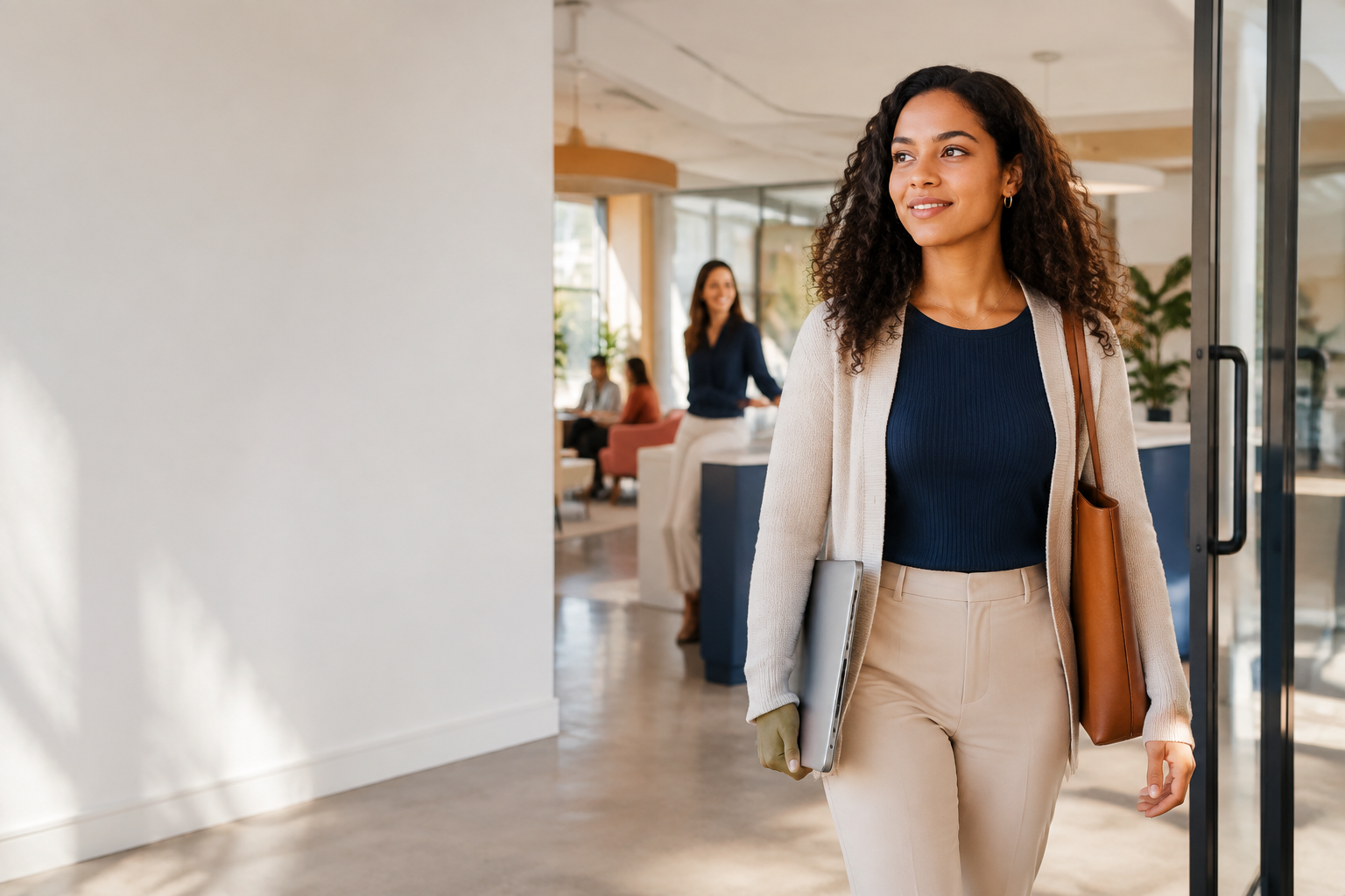 A professional woman with curly hair, wearing a navy blouse, beige pants, and a beige cardigan, walking through an office while carrying a laptop and a brown shoulder bag.