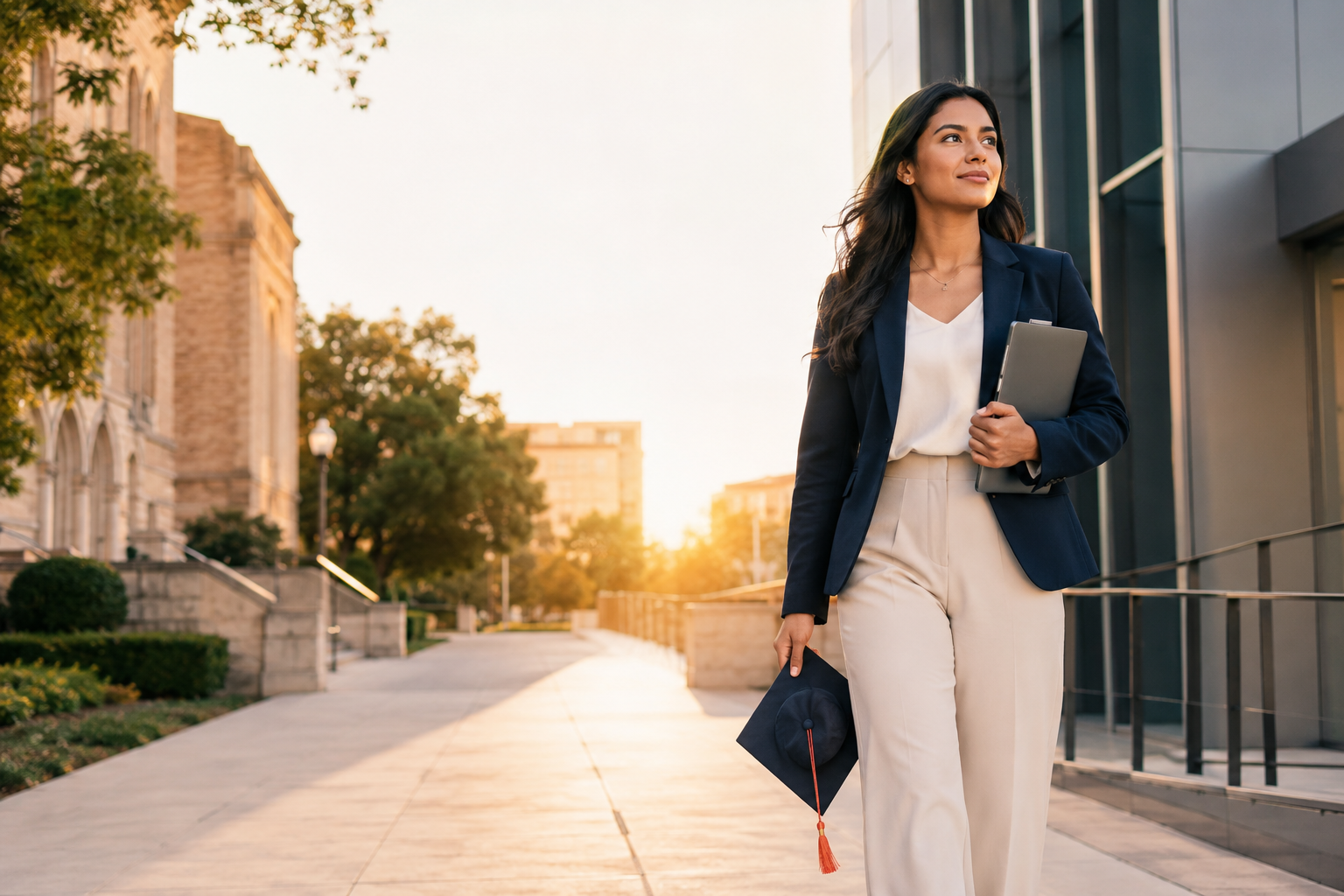 A young woman in business attire walking outside on a city sidewalk during sunset, holding a graduation cap and a folder.